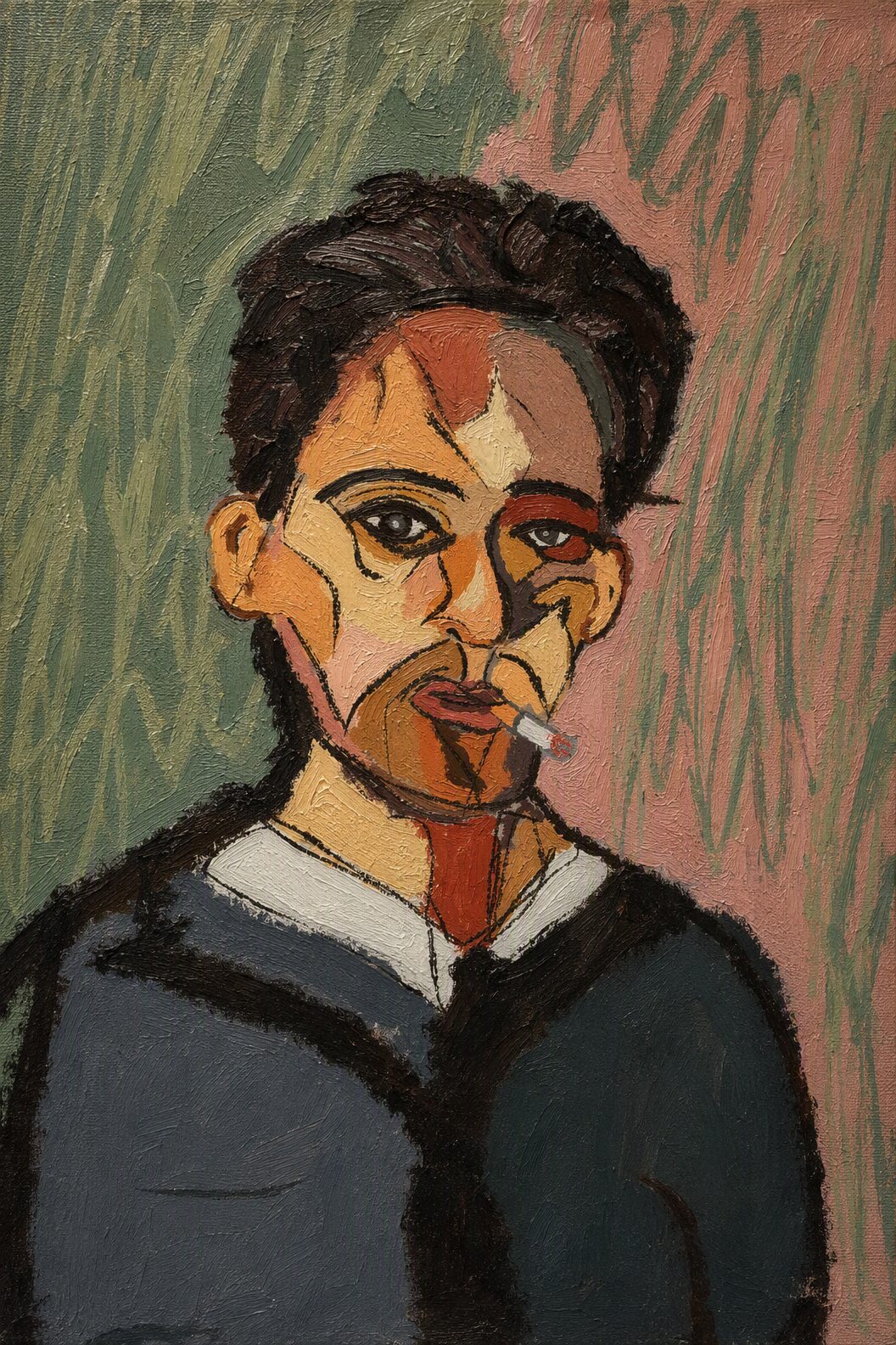 Expressionist oil painting portrait of a man with a cigarette in angular ochre and blue planes