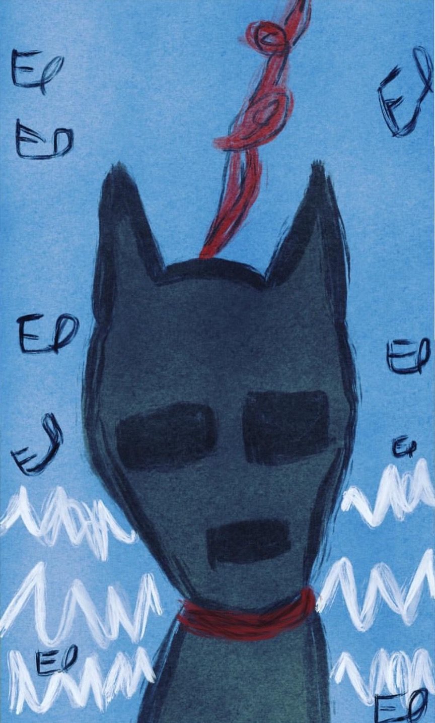 Dark cat-like mask figure with a red scarf against blue, with hand-written letters around it