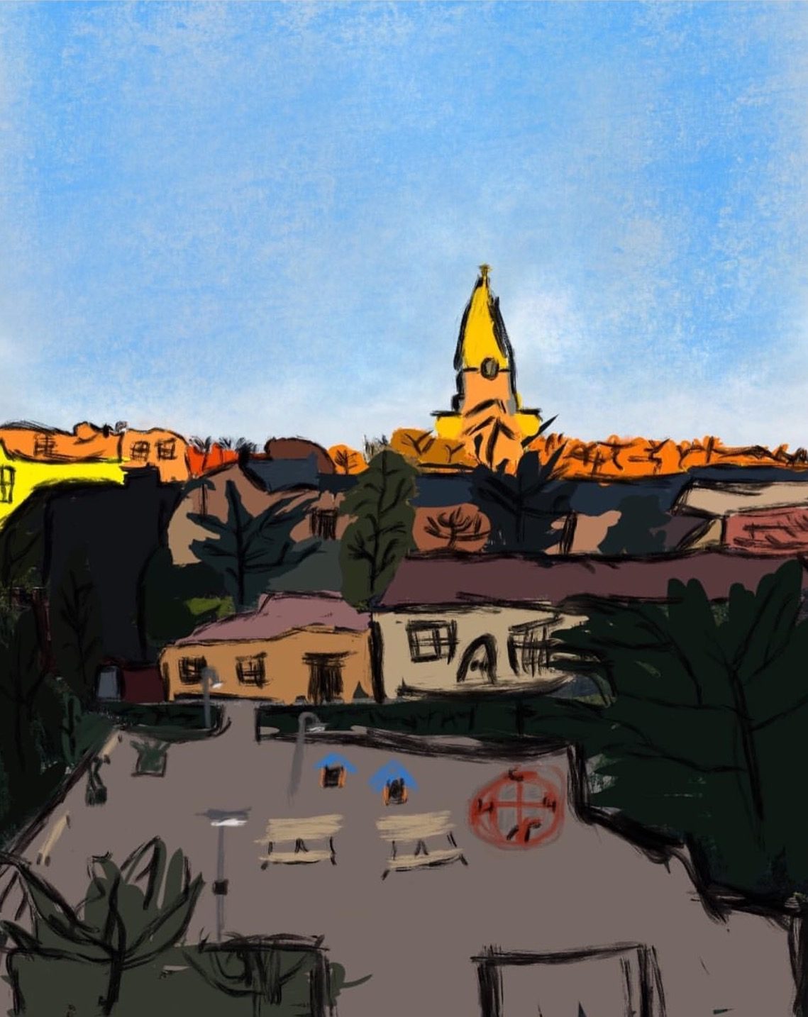 Oil pastel view over rooftops and a playground towards a yellow church tower