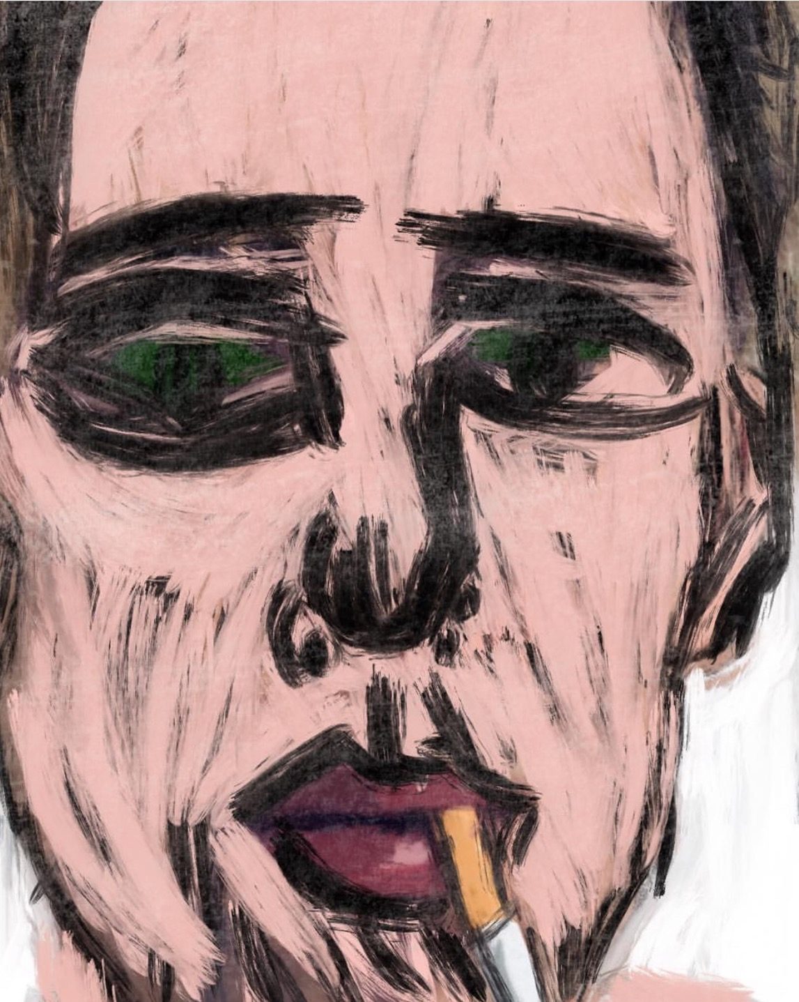 Oil pastel of a face with a cigarette, rough black strokes on pink