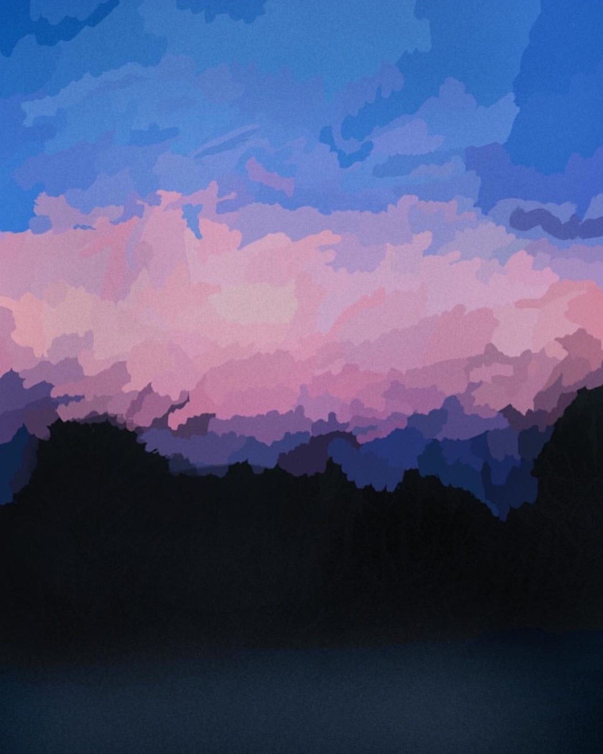 Pink and violet dusk clouds above a dark treeline