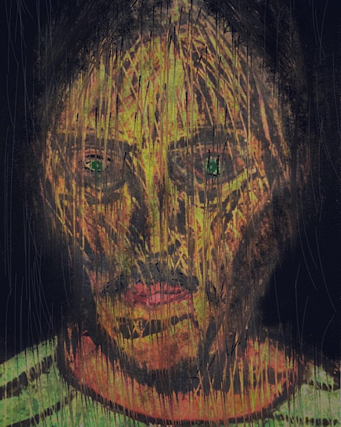 Oil pastel of a scratched yellow and green portrait with green eyes on black