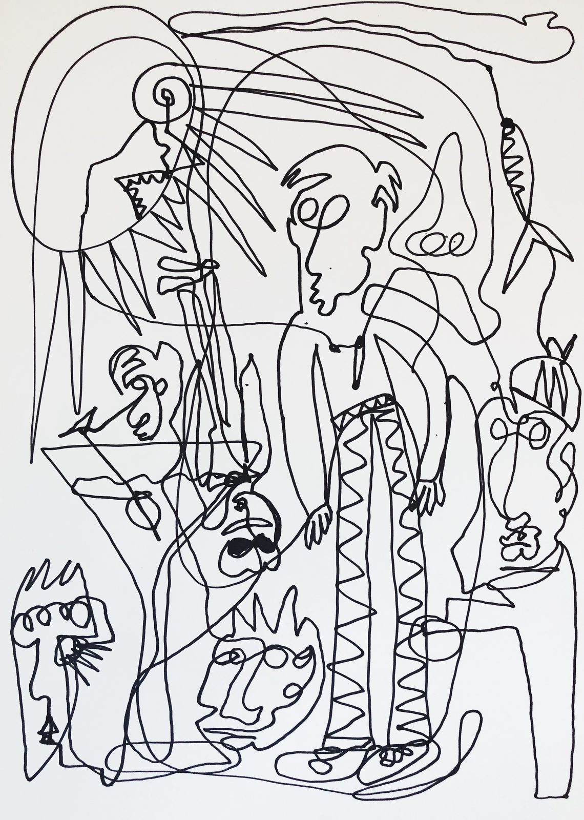 Dense continuous-line ink drawing of faces and figures