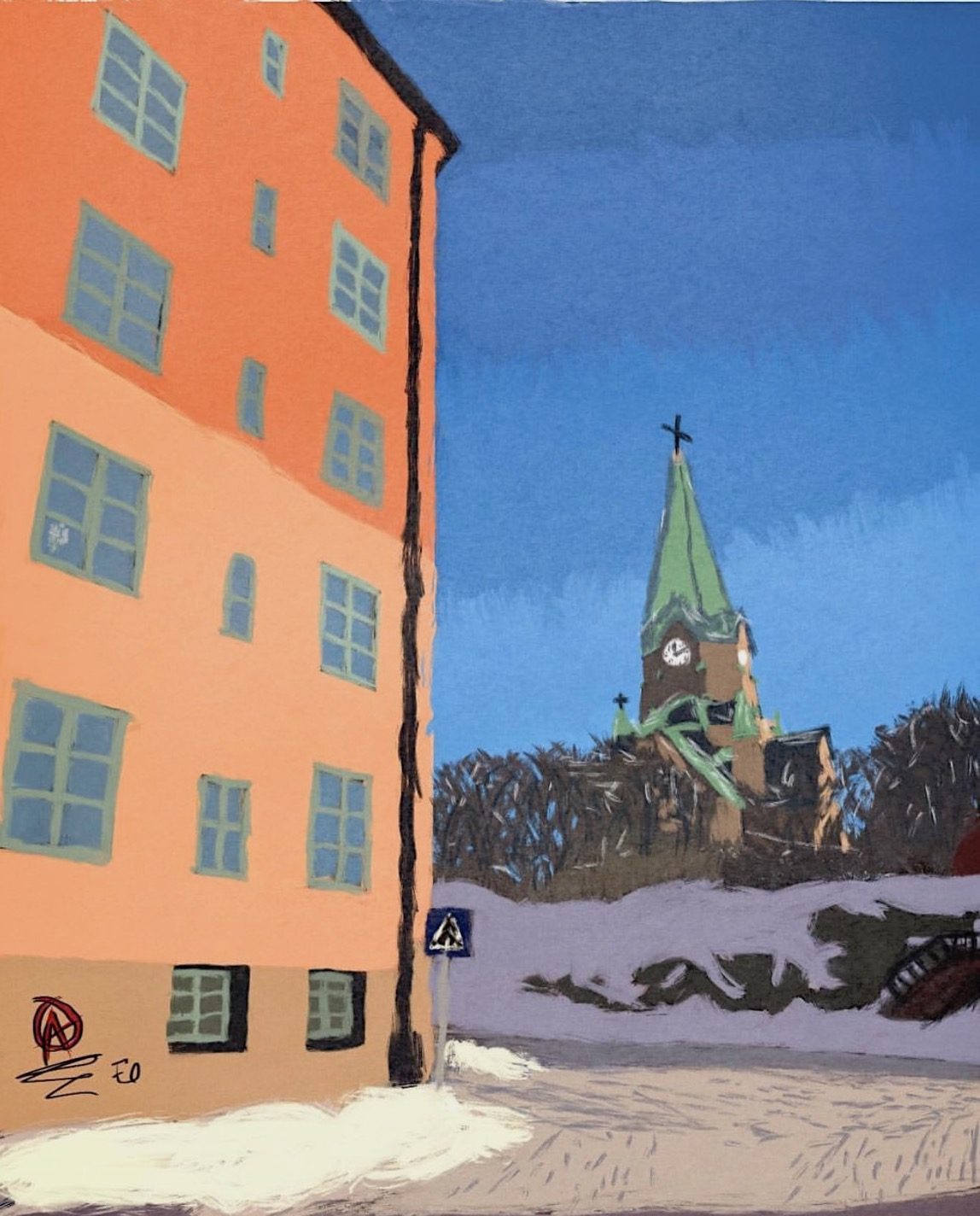 Oil pastel of an orange apartment building beside a green-spired church on a winter street