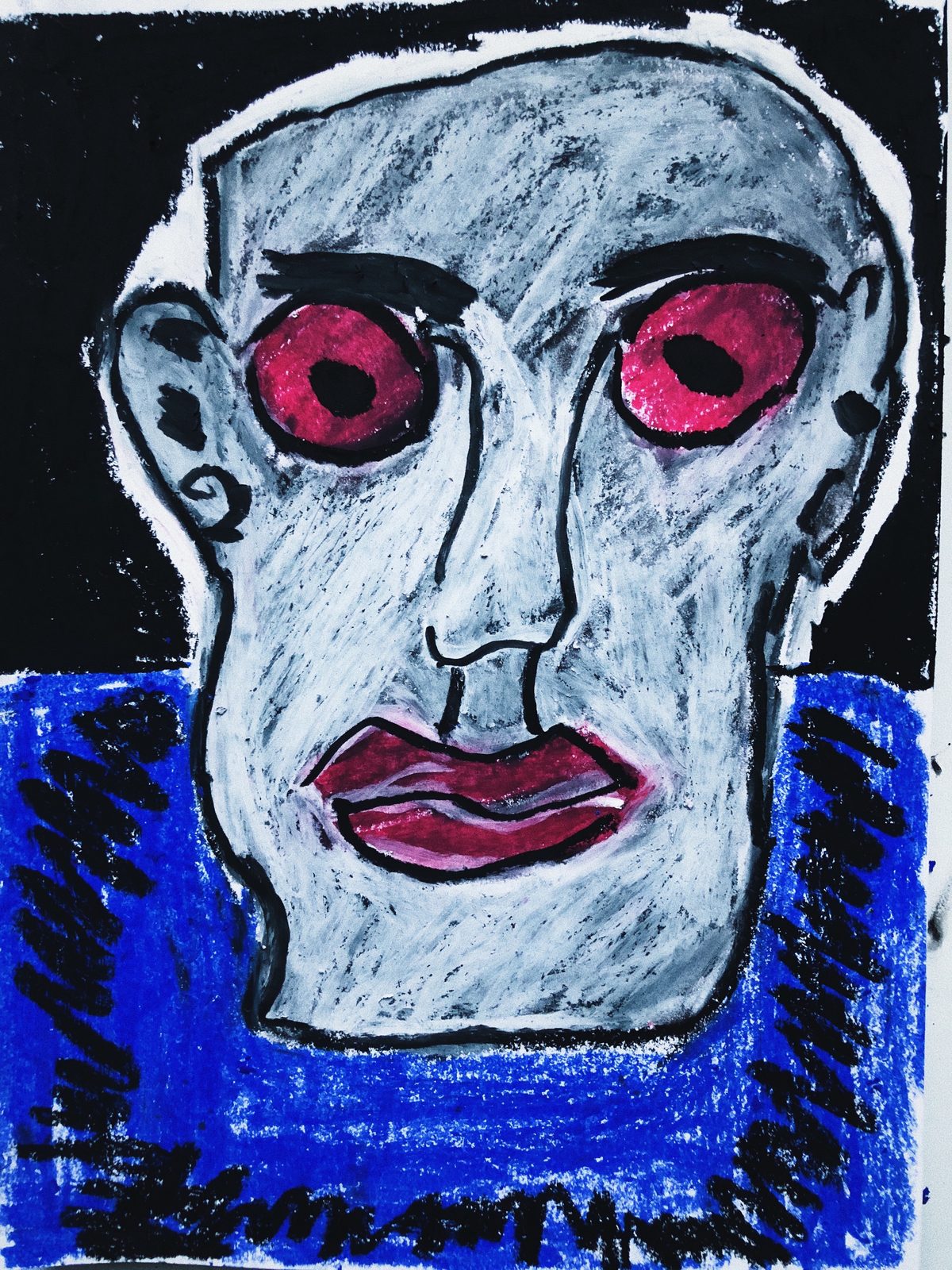 Grey face with red eyes and lips against a black background, blue jumper