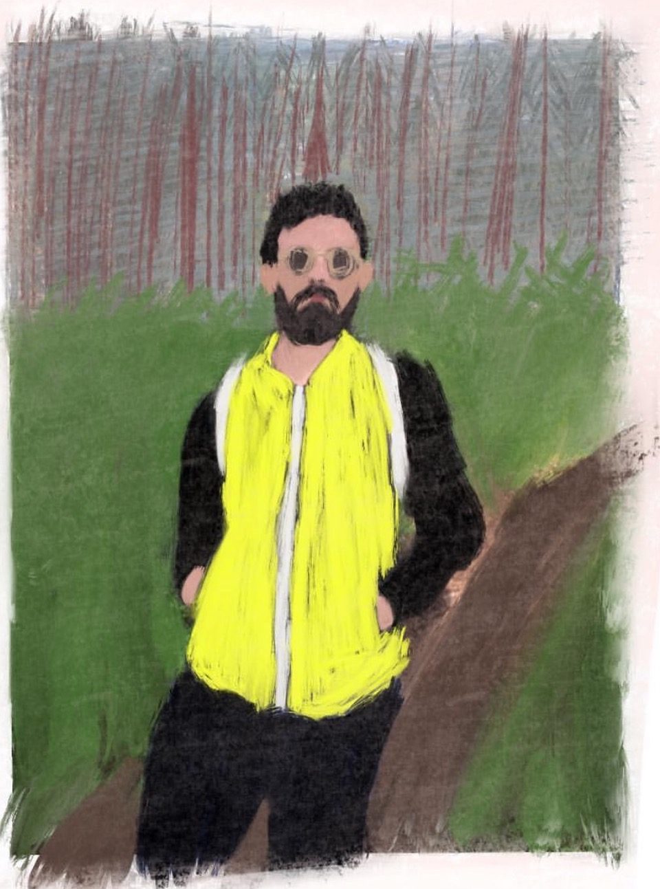 Oil pastel of a bearded man in a yellow vest and round glasses standing on a forest path
