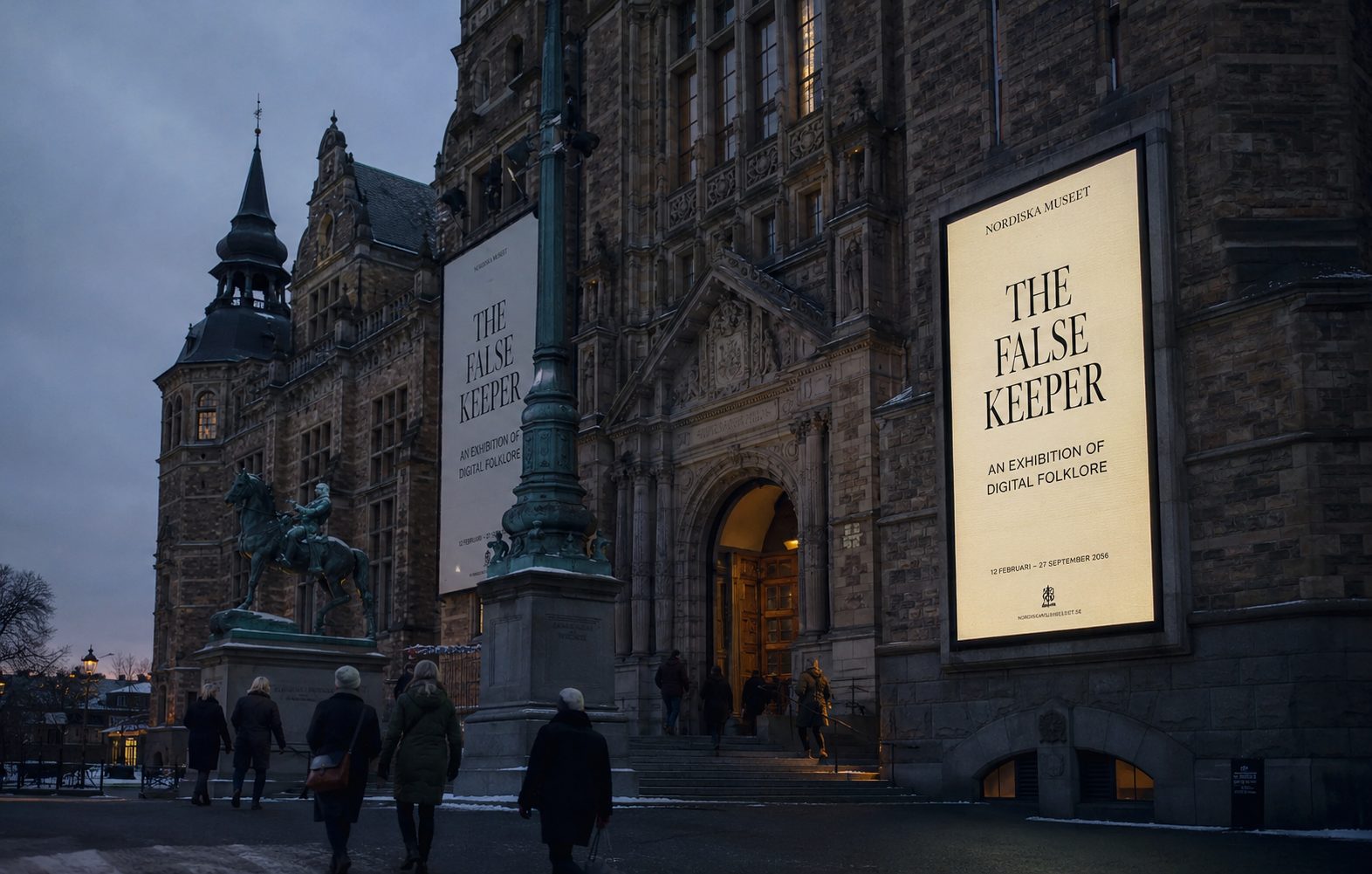 Exhibition banners on the facade of Nordiska museet at dusk