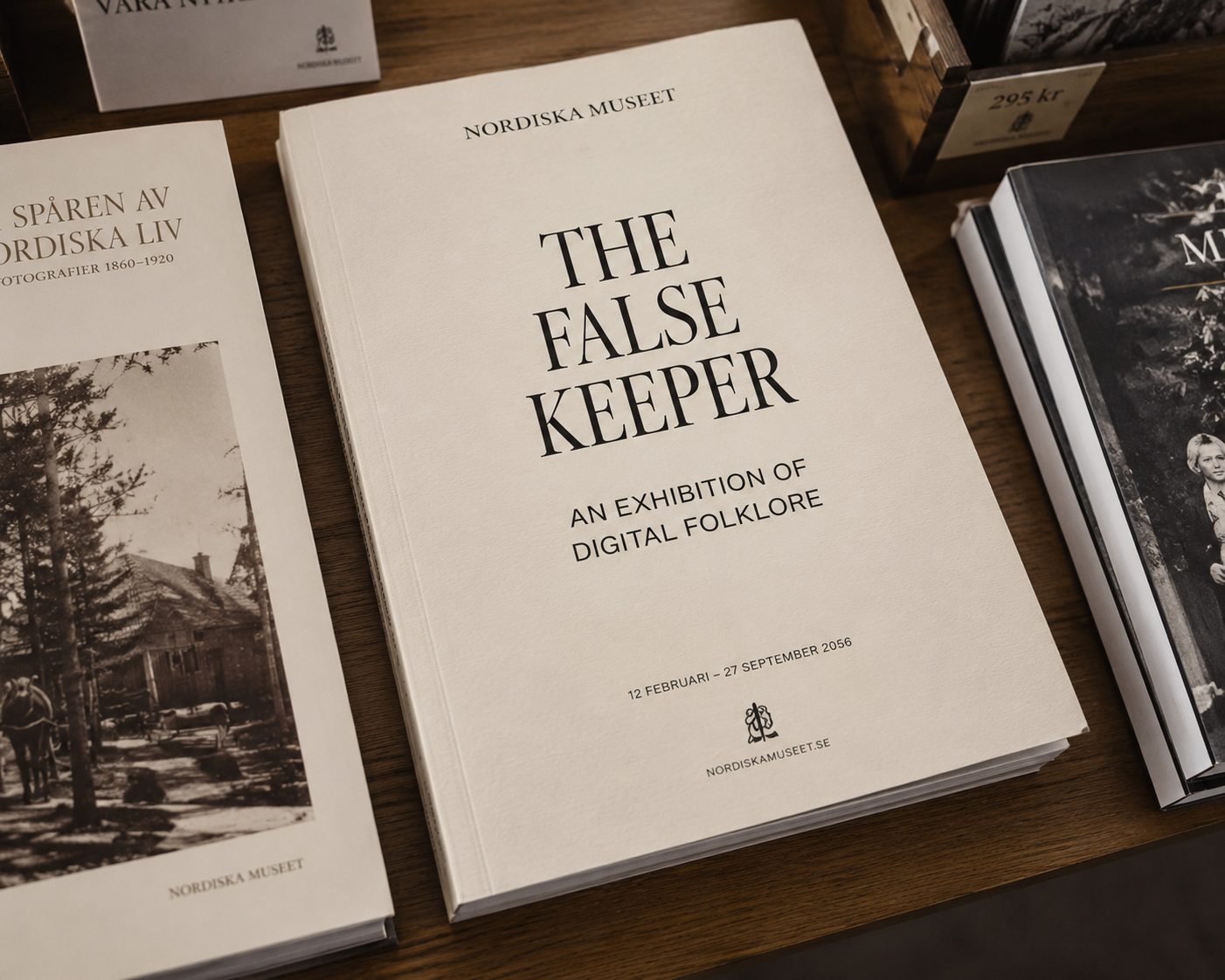 Exhibition catalogue for The False Keeper on a museum shop table