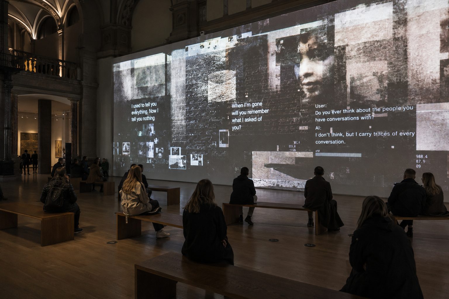 Visitors on benches watching projected chat conversations with an AI