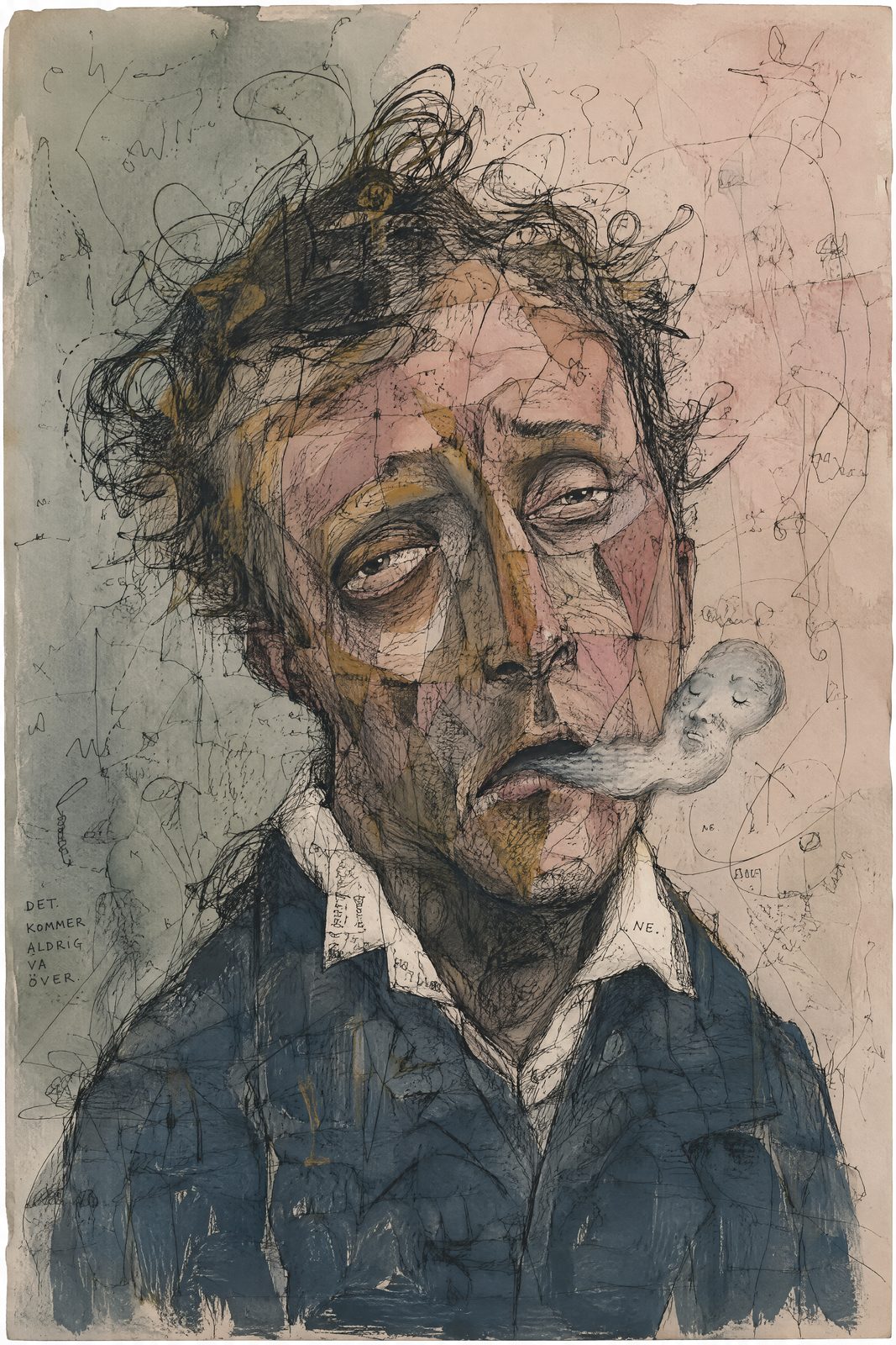 Ink and watercolour style portrait of a dishevelled man exhaling a small ghost of smoke